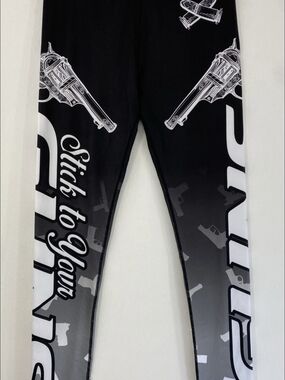 Women's Black Graphic Leggings with White Gun Print